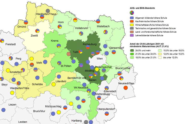 Bildungsniveau 2001 und Standorte von Allgemeinbildenden höheren Schulen und Berufsbildenden höheren Schulen 2007