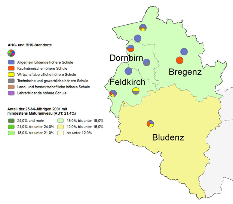 Bildungsniveau 2001 und Standorte von Allgemeinbildenden höheren Schulen und Berufsbildenden höheren Schulen 2007