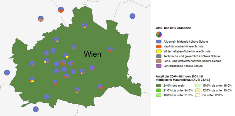 Bildungsniveau 2001 und Standorte von Allgemeinbildenden höheren Schulen und Berufsbildenden höheren Schulen 2007