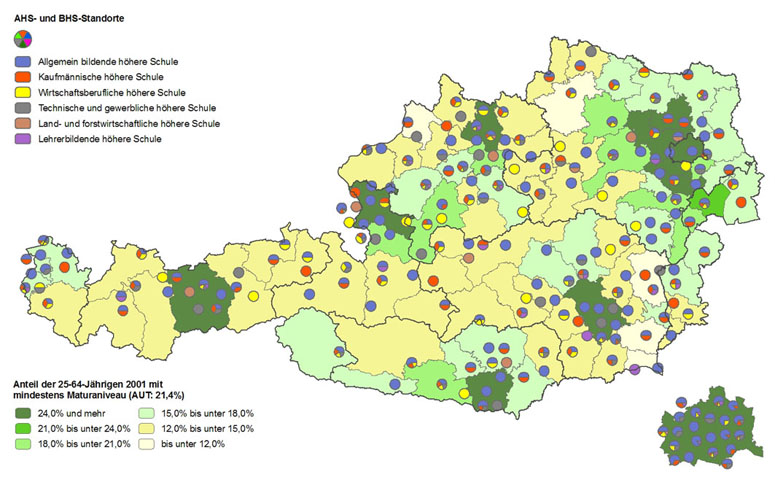 Bildungsniveau 2001 und Standorte von Allgemeinbildenden höheren Schulen und Berufsbildenden höheren Schulen 2007