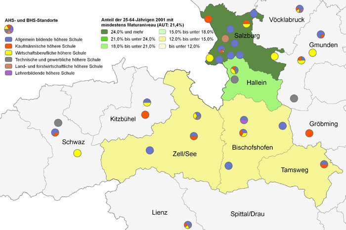 Bildungsniveau 2001 und Standorte von Allgemeinbildenden höheren Schulen und Berufs- sowie Lehrerbildenden höheren Schulen 2009