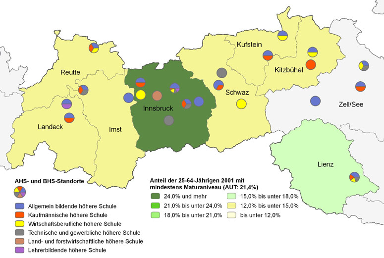 Bildungsniveau 2001 und Standorte von Allgemeinbildenden höheren Schulen und Berufs- sowie Lehrerbildenden höheren Schulen 2009