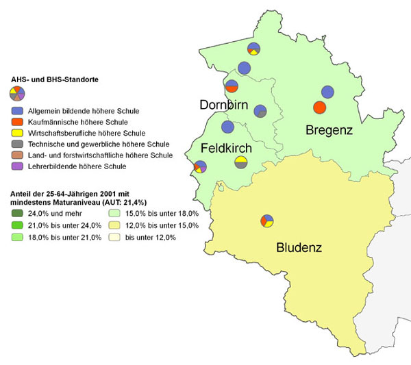 Bildungsniveau 2001 und Standorte von Allgemeinbildenden höheren Schulen und Berufs- sowie Lehrerbildenden höheren Schulen 2009