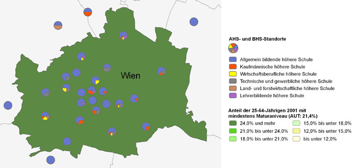 Bildungsniveau 2001 und Standorte von Allgemeinbildenden höheren Schulen und Berufs- sowie Lehrerbildenden höheren Schulen 2009