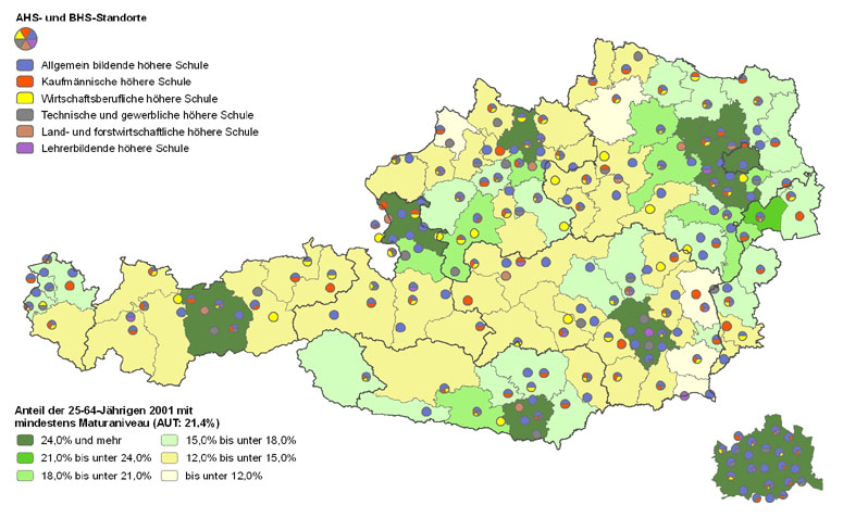 Bildungsniveau 2001 und Standorte von Allgemeinbildenden höheren Schulen und Berufs- sowie Lehrerbildenden höheren Schulen 2009