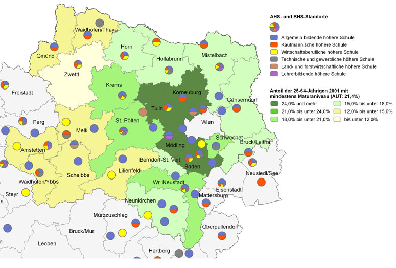 Bildungsniveau 2001 und Standorte von Allgemeinbildenden höheren Schulen und Berufs- sowie Lehrerbildenden höheren Schulen 2010