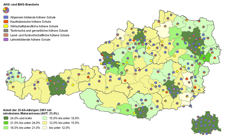 Bildungsniveau 2001 und Standorte von Allgemeinbildenden höheren Schulen und Berufs- sowie Lehrerbildenden höheren Schulen 2010