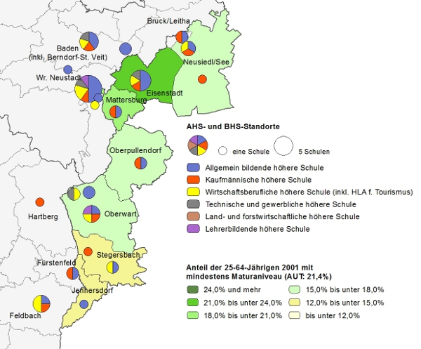 Bildungsniveau 2001 und Standorte von Allgemeinbildenden höheren Schulen und Berufs- sowie Lehrerbildenden höheren Schulen 2011