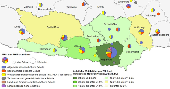 Bildungsniveau 2001 und Standorte von Allgemeinbildenden höheren Schulen und Berufs- sowie Lehrerbildenden höheren Schulen 2011