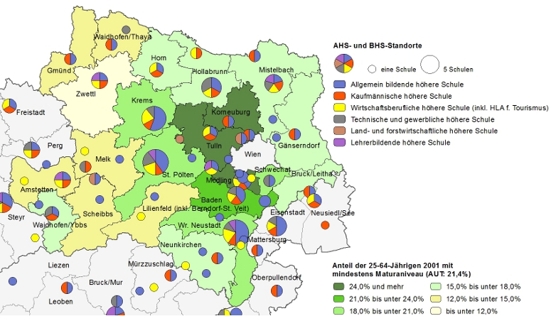 Bildungsniveau 2001 und Standorte von Allgemeinbildenden höheren Schulen und Berufs- sowie Lehrerbildenden höheren Schulen 2011