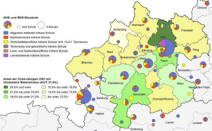 Bildungsniveau 2001 und Standorte von Allgemeinbildenden höheren Schulen und Berufs- sowie Lehrerbildenden höheren Schulen 2011