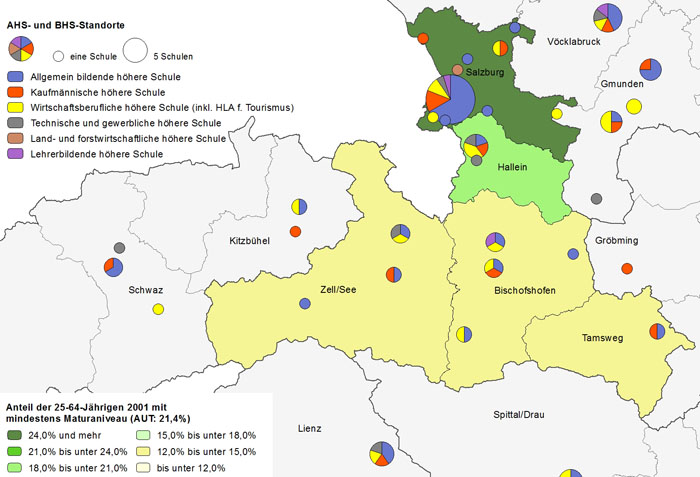 Bildungsniveau 2001 und Standorte von Allgemeinbildenden höheren Schulen und Berufs- sowie Lehrerbildenden höheren Schulen 2011