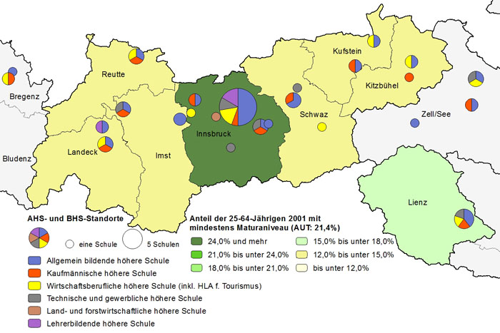 Bildungsniveau 2001 und Standorte von Allgemeinbildenden höheren Schulen und Berufs- sowie Lehrerbildenden höheren Schulen 2011