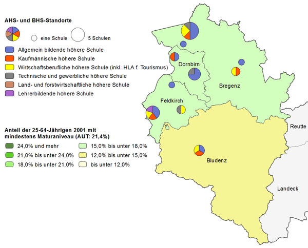 Bildungsniveau 2001 und Standorte von Allgemeinbildenden höheren Schulen und Berufs- sowie Lehrerbildenden höheren Schulen 2011