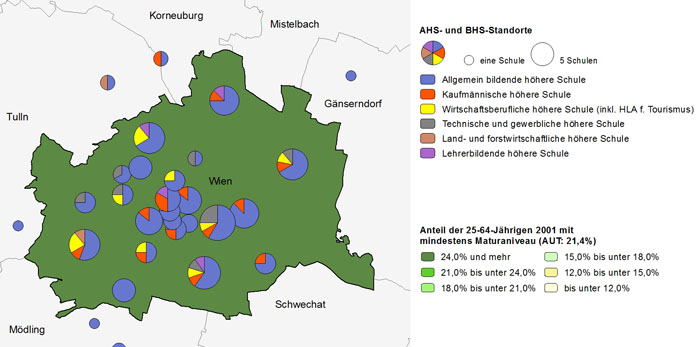 Bildungsniveau 2001 und Standorte von Allgemeinbildenden höheren Schulen und Berufs- sowie Lehrerbildenden höheren Schulen 2011