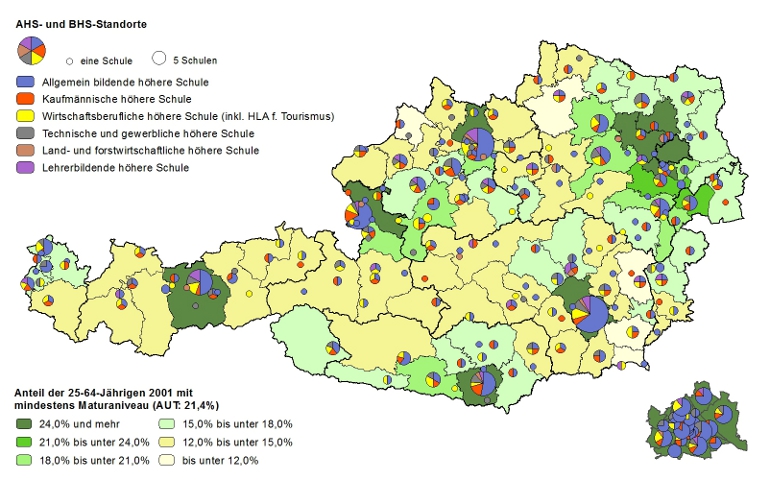 Bildungsniveau 2001 und Standorte von Allgemeinbildenden höheren Schulen und Berufs- sowie Lehrerbildenden höheren Schulen 2011