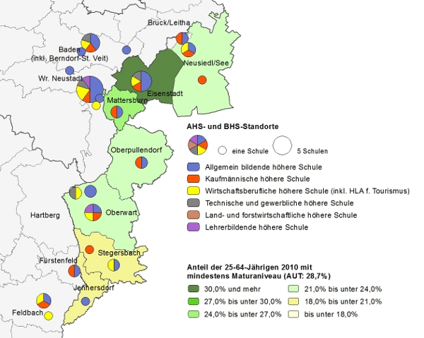 Bildungsniveau 2010 und Standorte von Allgemeinbildenden höheren Schulen und Berufs- sowie Lehrerbildenden höheren Schulen 2012