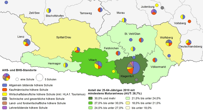 Bildungsniveau 2010 und Standorte von Allgemeinbildenden höheren Schulen und Berufs- sowie Lehrerbildenden höheren Schulen 2012