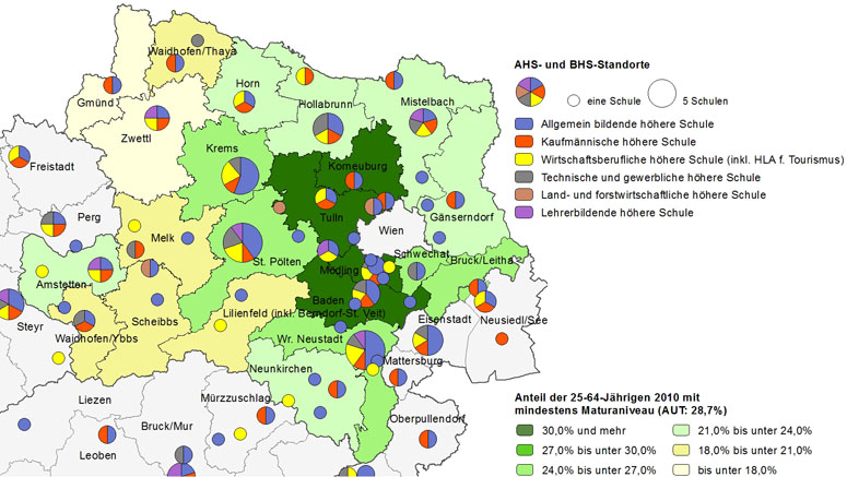 Bildungsniveau 2010 und Standorte von Allgemeinbildenden höheren Schulen und Berufs- sowie Lehrerbildenden höheren Schulen 2012