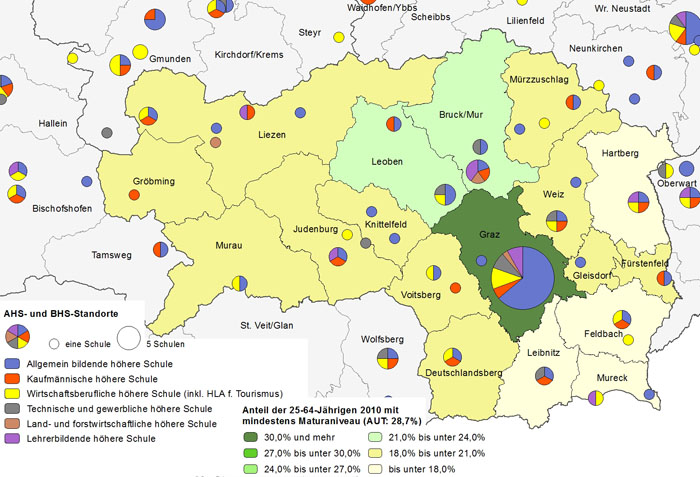 Bildungsniveau 2010 und Standorte von Allgemeinbildenden höheren Schulen und Berufs- sowie Lehrerbildenden höheren Schulen 2012