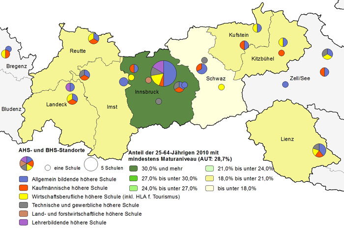 Bildungsniveau 2010 und Standorte von Allgemeinbildenden höheren Schulen und Berufs- sowie Lehrerbildenden höheren Schulen 2012