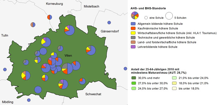 Bildungsniveau 2010 und Standorte von Allgemeinbildenden höheren Schulen und Berufs- sowie Lehrerbildenden höheren Schulen 2012