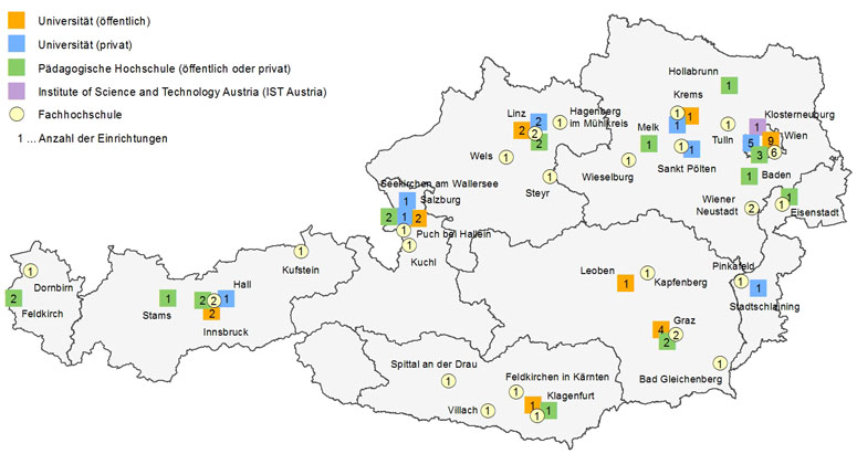 Standorte von Universitäten, Pdagogischen Hochschulen und Fachhochschulen 2011/2012