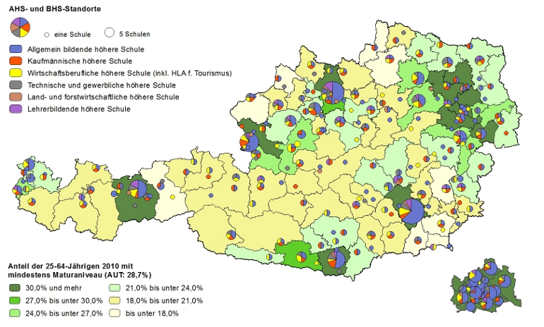 Bildungsniveau 2010 und Standorte von Allgemeinbildenden höheren Schulen und Berufs- sowie Lehrerbildenden höheren Schulen 2012