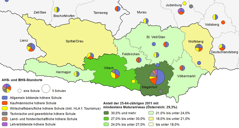 Bildungsniveau 2011 und Standorte von allgemeinbildenden höheren Schulen und berufs- sowie lehrerbildenden höheren Schulen 2013