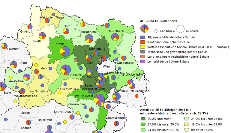 Bildungsniveau 2011 und Standorte von allgemeinbildenden höheren Schulen und berufs- sowie lehrerbildenden höheren Schulen 2013