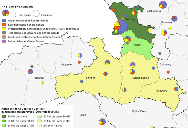 Bildungsniveau 2011 und Standorte von allgemeinbildenden höheren Schulen und berufs- sowie lehrerbildenden höheren Schulen 2013