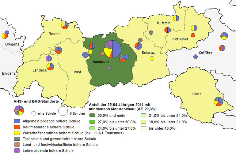 Bildungsniveau 2011 und Standorte von allgemeinbildenden höheren Schulen und berufs- sowie lehrerbildenden höheren Schulen 2013