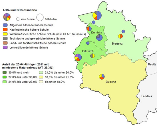 Bildungsniveau 2011 und Standorte von allgemeinbildenden höheren Schulen und berufs- sowie lehrerbildenden höheren Schulen 2013