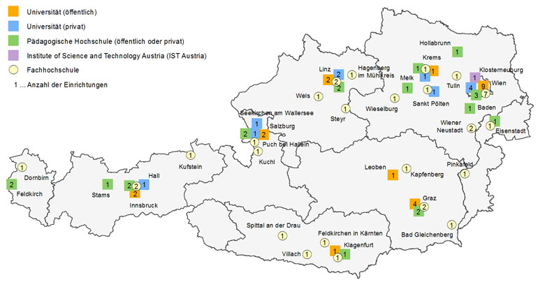 Standorte von Universitäten, Pdagogischen Hochschulen und Fachhochschulen 2013/2014