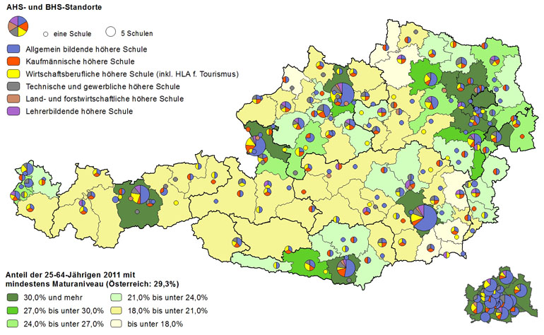 Bildungsniveau 2011 und Standorte von allgemeinbildenden höheren Schulen und berufs- sowie lehrerbildenden höheren Schulen 2013