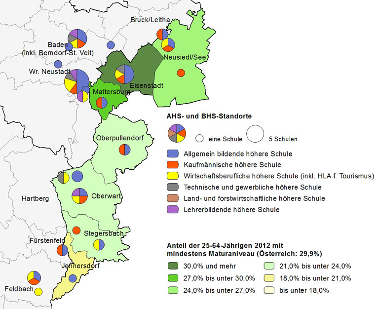 Bildungsniveau 2012 und Standorte von allgemeinbildenden höheren Schulen und berufs- sowie lehrerbildenden höheren Schulen 2014