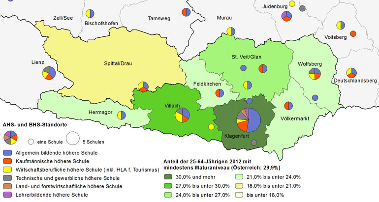 Bildungsniveau 2012 und Standorte von allgemeinbildenden höheren Schulen und berufs- sowie lehrerbildenden höheren Schulen 2014