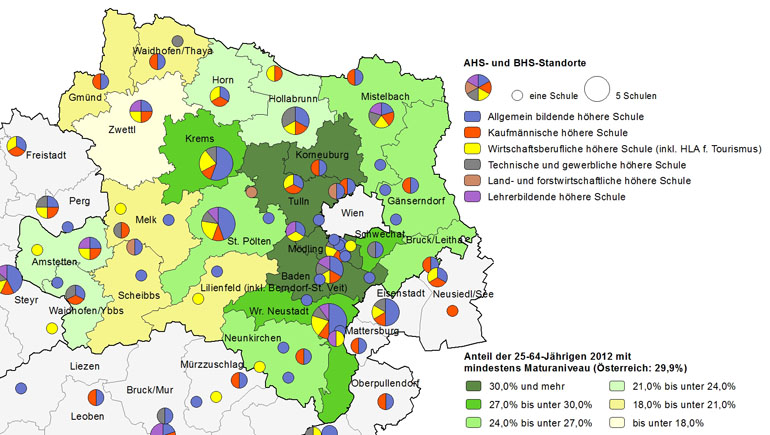 Bildungsniveau 2012 und Standorte von allgemeinbildenden höheren Schulen und berufs- sowie lehrerbildenden höheren Schulen 2014