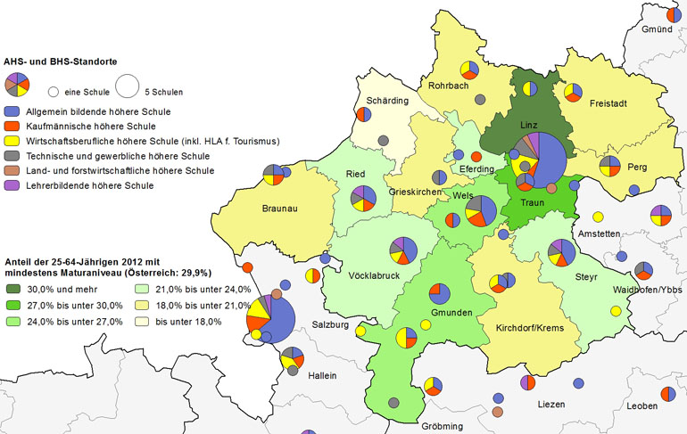 Bildungsniveau 2012 und Standorte von allgemeinbildenden höheren Schulen und berufs- sowie lehrerbildenden höheren Schulen 2014