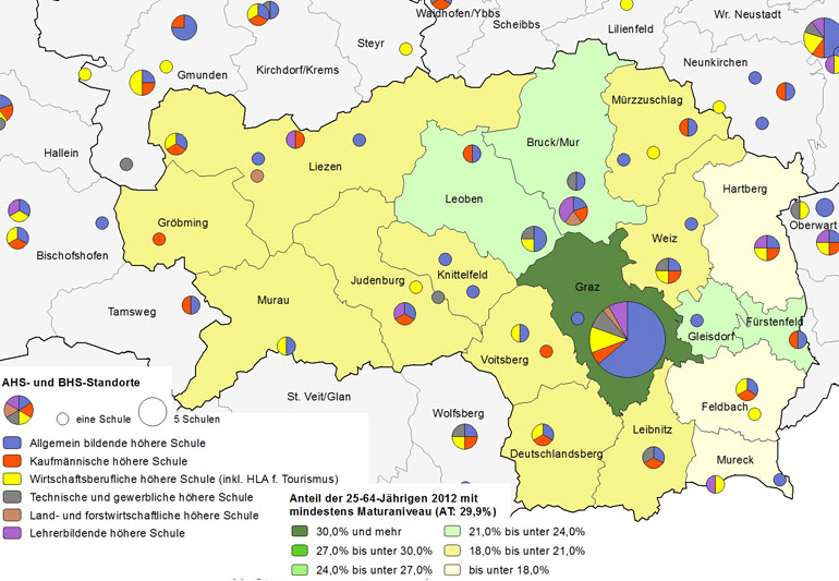 Bildungsniveau 2012 und Standorte von allgemeinbildenden höheren Schulen und berufs- sowie lehrerbildenden höheren Schulen 2014