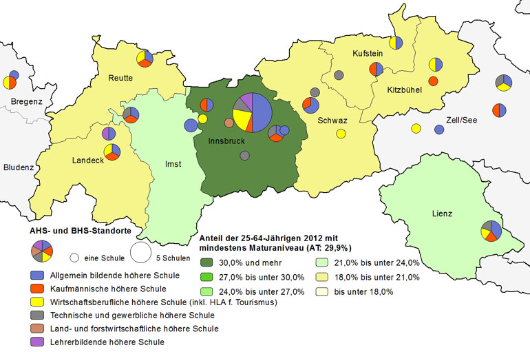 Bildungsniveau 2012 und Standorte von allgemeinbildenden höheren Schulen und berufs- sowie lehrerbildenden höheren Schulen 2014