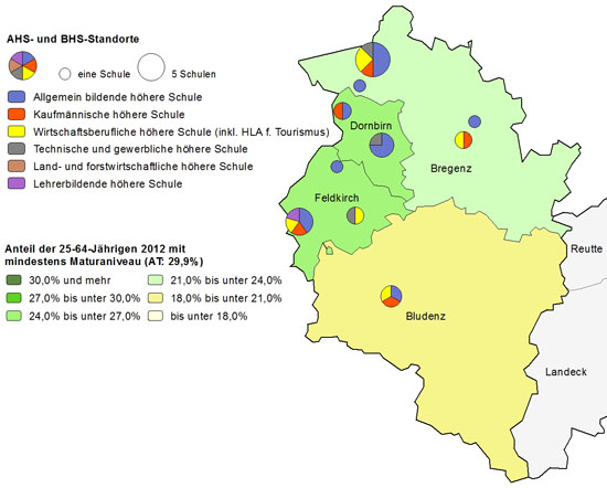 Bildungsniveau 2012 und Standorte von allgemeinbildenden höheren Schulen und berufs- sowie lehrerbildenden höheren Schulen 2014