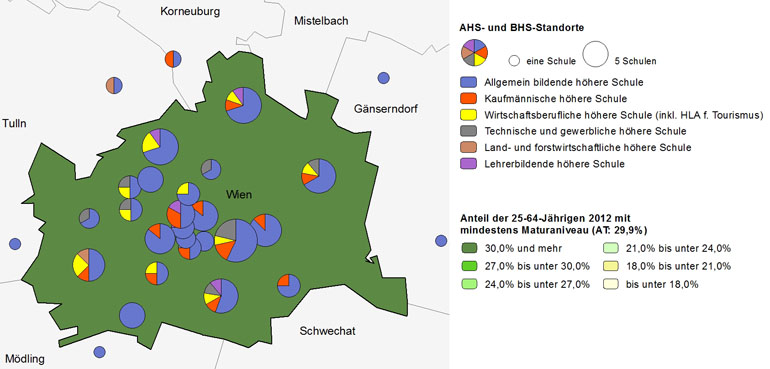 Bildungsniveau 2012 und Standorte von allgemeinbildenden höheren Schulen und berufs- sowie lehrerbildenden höheren Schulen 2014