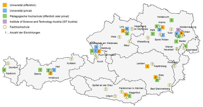 Standorte von Universitäten, Pdagogischen Hochschulen und Fachhochschulen 2014/2015