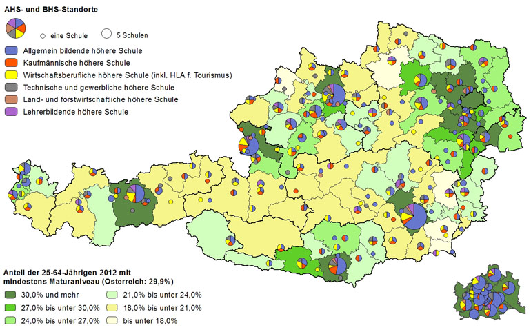 Bildungsniveau 2012 und Standorte von allgemeinbildenden höheren Schulen und berufs- sowie lehrerbildenden höheren Schulen 2014