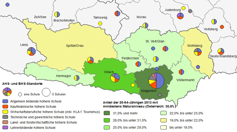 Bildungsniveau 2013 und Standorte von allgemeinbildenden höheren Schulen und berufs- sowie lehrerbildenden höheren Schulen 2015