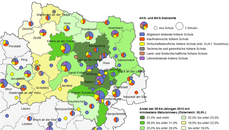 Bildungsniveau 2013 und Standorte von allgemeinbildenden höheren Schulen und berufs- sowie lehrerbildenden höheren Schulen 2015