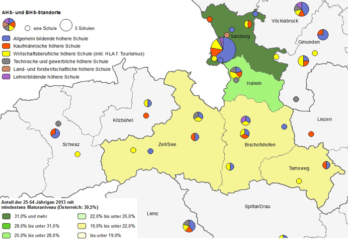 Bildungsniveau 2013 und Standorte von allgemeinbildenden höheren Schulen und berufs- sowie lehrerbildenden höheren Schulen 2015