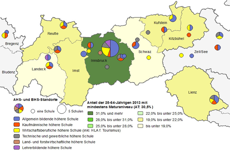 Bildungsniveau 2013 und Standorte von allgemeinbildenden höheren Schulen und berufs- sowie lehrerbildenden höheren Schulen 2015