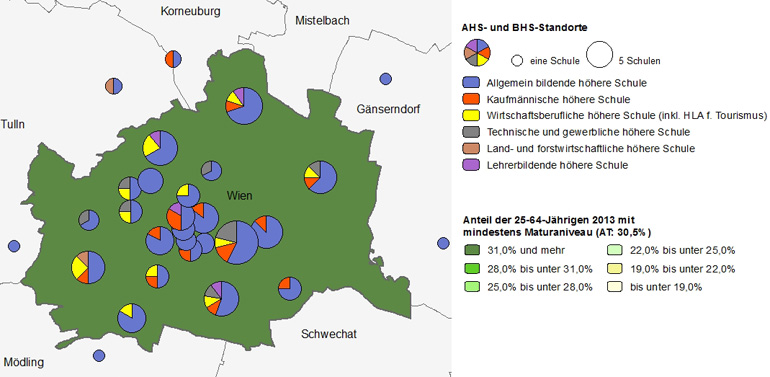 Bildungsniveau 2013 und Standorte von allgemeinbildenden höheren Schulen und berufs- sowie lehrerbildenden höheren Schulen 2015